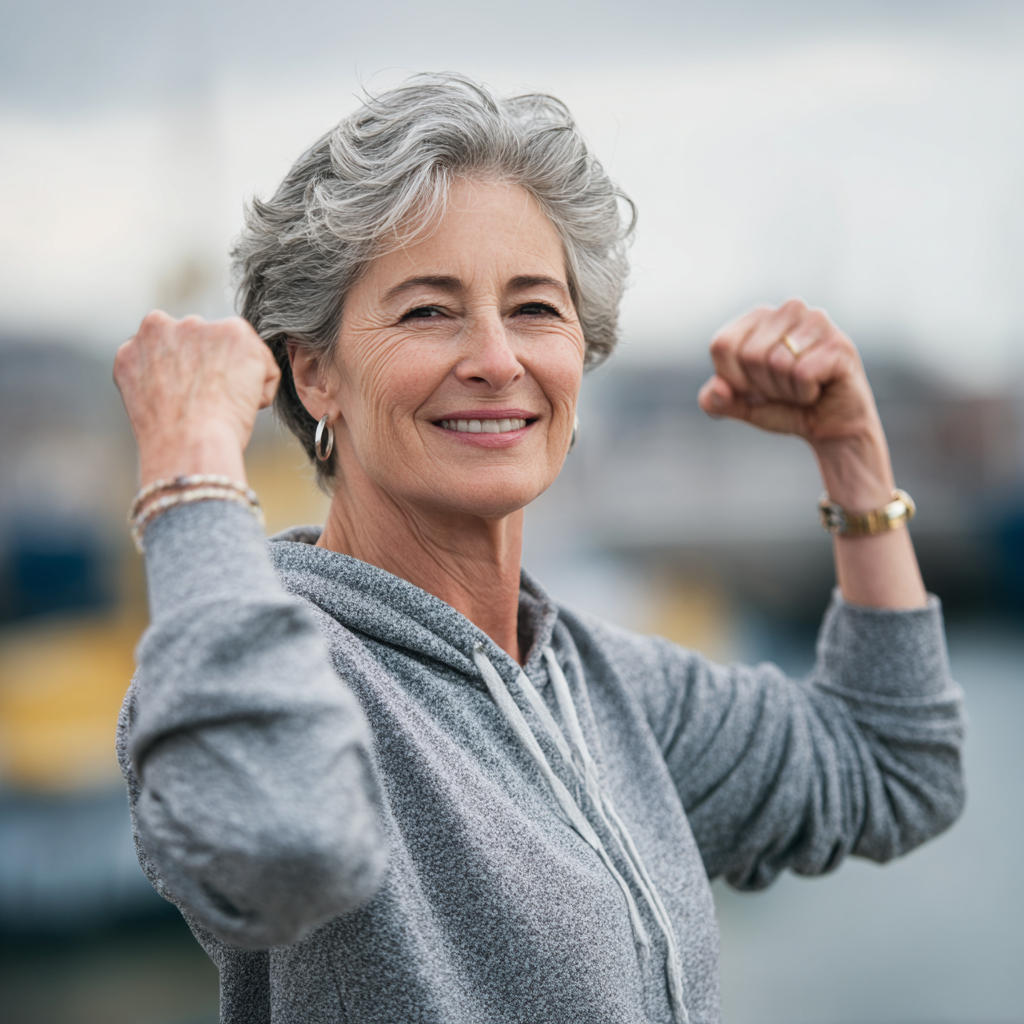 Confident elderly European woman in fitness attire smiling during outdoor exercise session with natural lighting